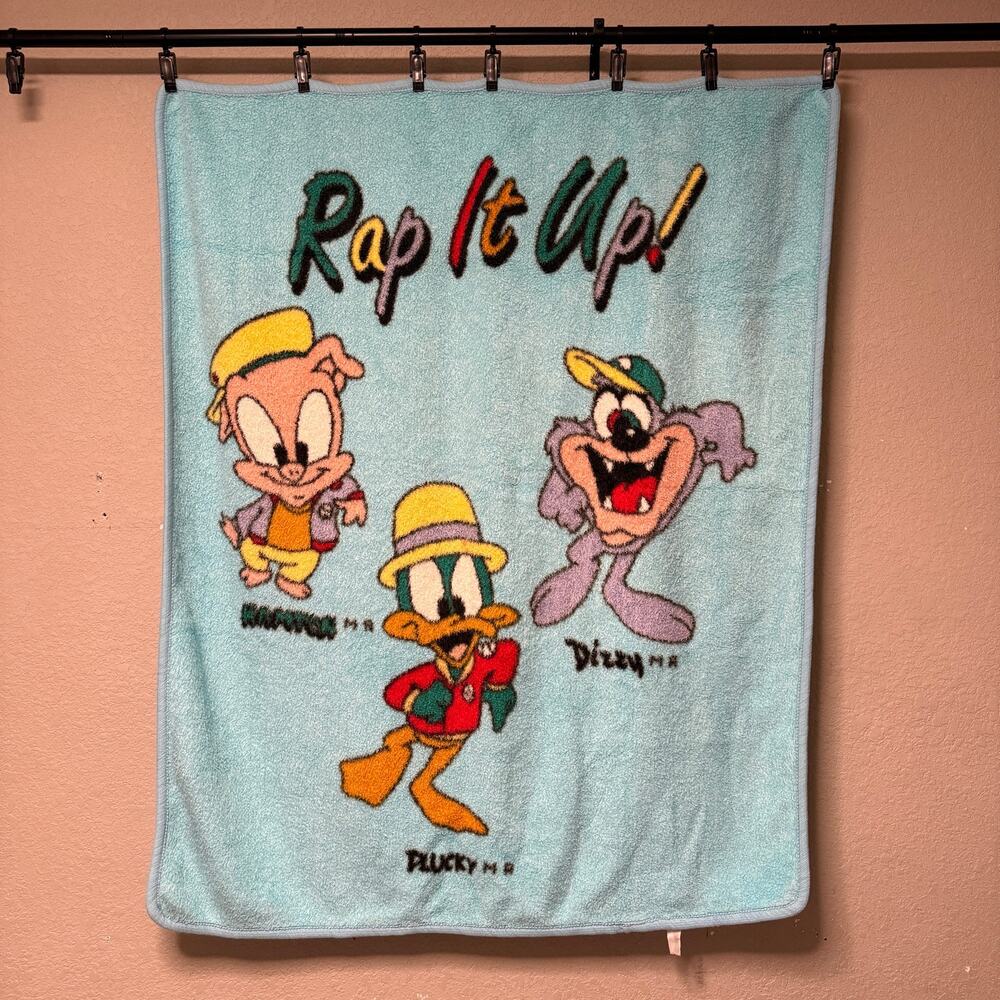 Vtg 90s Y2K Tiny Toons Rap it Up! plush blanket - blue Looney Tunes 53 x 45